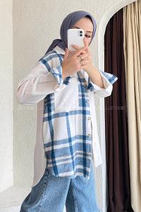 Modalamelif Asimetrik Kesim Ekose Garnili Tek Cep Gömlek  Ekru-Mavi