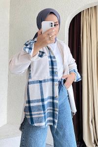 Modalamelif Asimetrik Kesim Ekose Garnili Tek Cep Gömlek  Ekru-Mavi