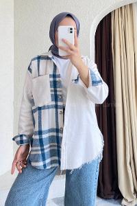 Modalamelif Asimetrik Kesim Ekose Garnili Tek Cep Gömlek  Ekru-Mavi