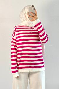 Modalamelif Bisiklet Yaka Çizgili Kazak Fuşya