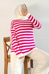 Modalamelif Bisiklet Yaka Çizgili Kazak Fuşya