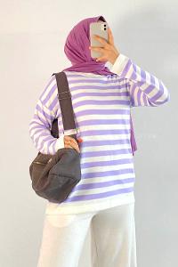 Modalamelif Bisiklet Yaka Çizgili Kazak Lila