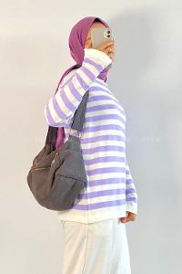 Modalamelif Bisiklet Yaka Çizgili Kazak Lila