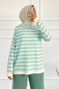 Modalamelif Bisiklet Yaka Çizgili Kazak Mint Yeşili