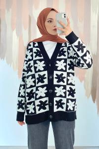 Modalamelif Çiçek Desenli Düğmeli Hırka Siyah