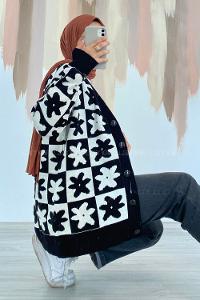 Modalamelif Çiçek Desenli Düğmeli Hırka Siyah