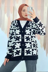 Modalamelif Çiçek Desenli Düğmeli Hırka Siyah