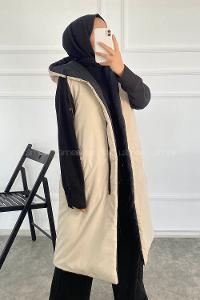 Modalamelif Çift Taraflı Gizli Fermuarlı Kapüşonlu Şişme Yelek Bej