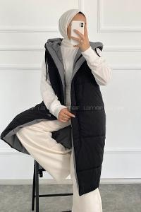 Modalamelif Çift Taraflı Gizli Fermuarlı Kapüşonlu Şişme Yelek Füme