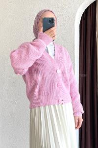 Modalamelif Düğmeli Selanik Hırka Pudra