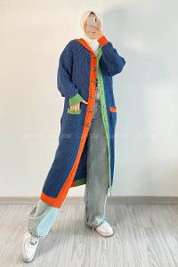 Modalamelif  Kapşonlu Garnili Salaş Hırka İndigo