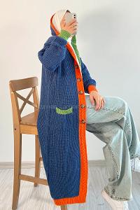 Modalamelif  Kapşonlu Garnili Salaş Hırka İndigo