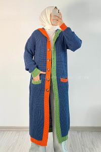 Modalamelif  Kapşonlu Garnili Salaş Hırka İndigo