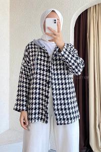 Modalamelif Kazayağı Desen Kapüşonlu Gömlek Siyah