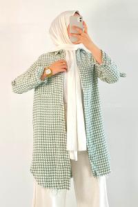 Modalamelif Kazayak Desenli Tek Cepli Uzun Püsküllü Gömlek Çağla Yeşili