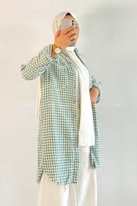 Modalamelif Kazayak Desenli Tek Cepli Uzun Püsküllü Gömlek Çağla Yeşili