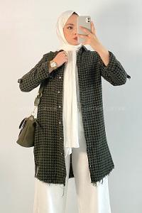 Modalamelif Kazayak Desenli Tek Cepli Uzun Püsküllü Gömlek Haki