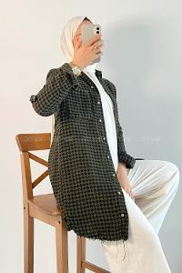 Modalamelif Kazayak Desenli Tek Cepli Uzun Püsküllü Gömlek Haki