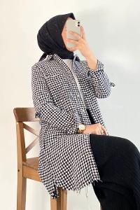 Modalamelif Kazayak Desenli Tek Cepli Uzun Püsküllü Gömlek Siyah