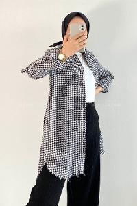 Modalamelif Kazayak Desenli Tek Cepli Uzun Püsküllü Gömlek Siyah