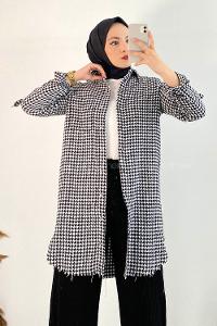 Modalamelif Kazayak Desenli Tek Cepli Uzun Püsküllü Gömlek Siyah