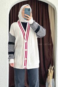 Modalamelif Ön Düğmeli Kol Garnili Hırka Ekru-Bordo