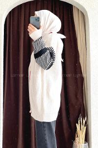 Modalamelif Ön Düğmeli Kol Garnili Hırka Ekru-Bordo