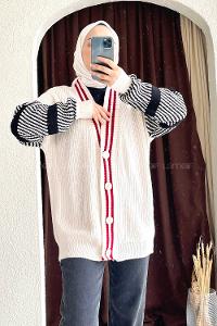 Modalamelif Ön Düğmeli Kol Garnili Hırka Ekru-Bordo