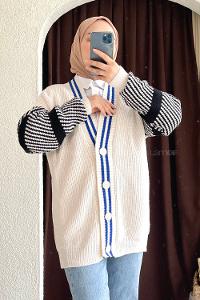 Modalamelif Ön Düğmeli Kol Garnili Hırka Ekru-Saks