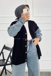 Modalamelif Önü Boydan Düğmeli Kol Kot Garnili Triko Hırka Siyah