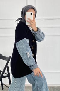 Modalamelif Önü Boydan Düğmeli Kol Kot Garnili Triko Hırka Siyah