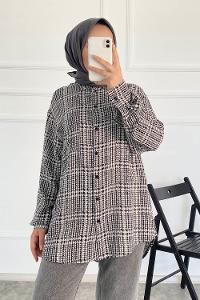 Modalamelif Önü Boydan Düğmeli Tek Cep Detaylı Desenli Gömlek Gri