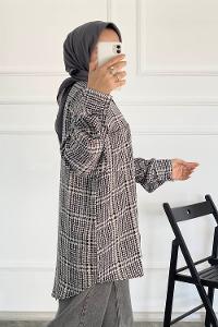 Modalamelif Önü Boydan Düğmeli Tek Cep Detaylı Desenli Gömlek Gri