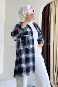 Modalamelif Önü Düğmeli Çift Kapak Cepli Çizgili Gömlek Siyah-Beyaz