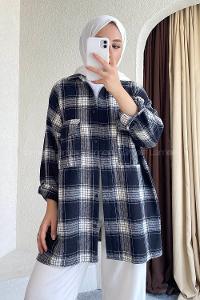 Modalamelif Önü Düğmeli Çift Kapak Cepli Çizgili Gömlek Siyah-Beyaz