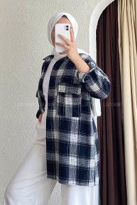 Modalamelif Önü Düğmeli Çift Kapak Cepli Çizgili Gömlek Siyah-Beyaz