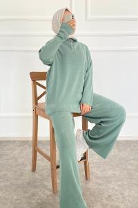 Modalamelif Önü Yarım Fermuarlu Kazak Pantolon İkili Takım Çağla Yeşili