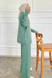 Modalamelif Önü Yarım Fermuarlu Kazak Pantolon İkili Takım Çağla Yeşili