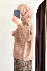 Örgü Desen Balon Kol Hırka Karamel