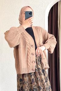 Örgü Desen Balon Kol Hırka Karamel