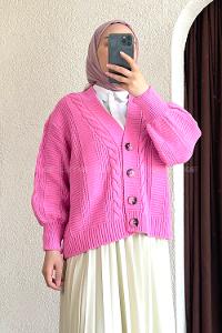 Modalamelif Örgü Desen Balon Kol Hırka Pembe