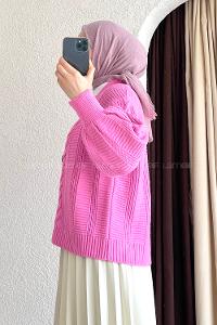 Modalamelif Örgü Desen Balon Kol Hırka Pembe