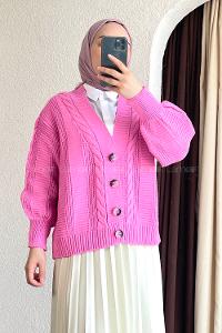 Modalamelif Örgü Desen Balon Kol Hırka Pembe