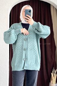 Modalamelif Örgü Desen Ön Düğmeli Hırka Çağla Yeşili
