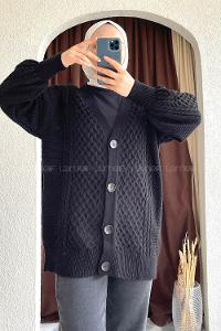 Modalamelif Örgü Desen Ön Düğmeli Hırka Siyah