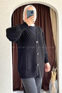 Modalamelif Örgü Desen Ön Düğmeli Hırka Siyah