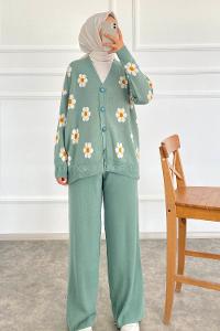 Modalamelif Papatya Desenli Önü Boydan Düğmeli Hırka Çağla Yeşili