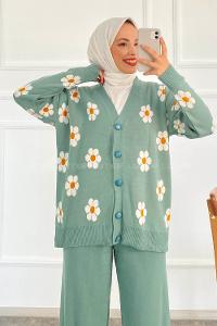 Modalamelif Papatya Desenli Önü Boydan Düğmeli Hırka Çağla Yeşili