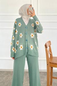 Modalamelif Papatya Desenli Önü Boydan Düğmeli Hırka Çağla Yeşili