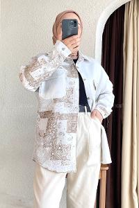 Modalamelif Renk Garnili Etnik Desen Kapak Cep Gömlek  Ekru-Bej